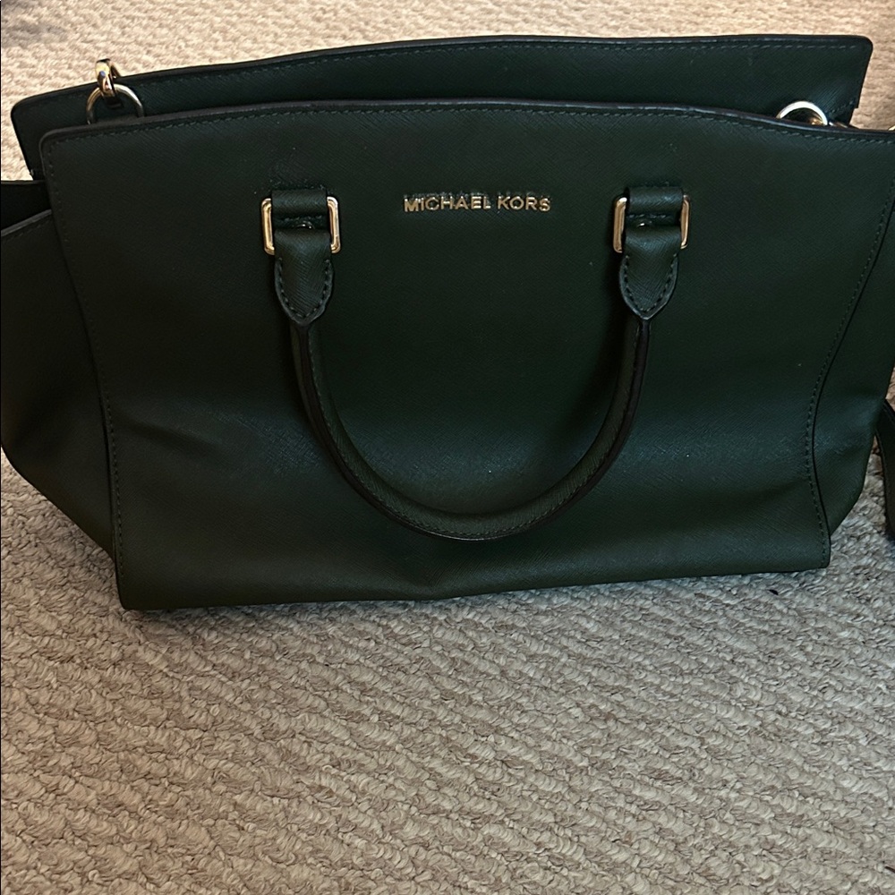 MICHAEL KORS Forest Green Leather Satchel with Gold Hardware